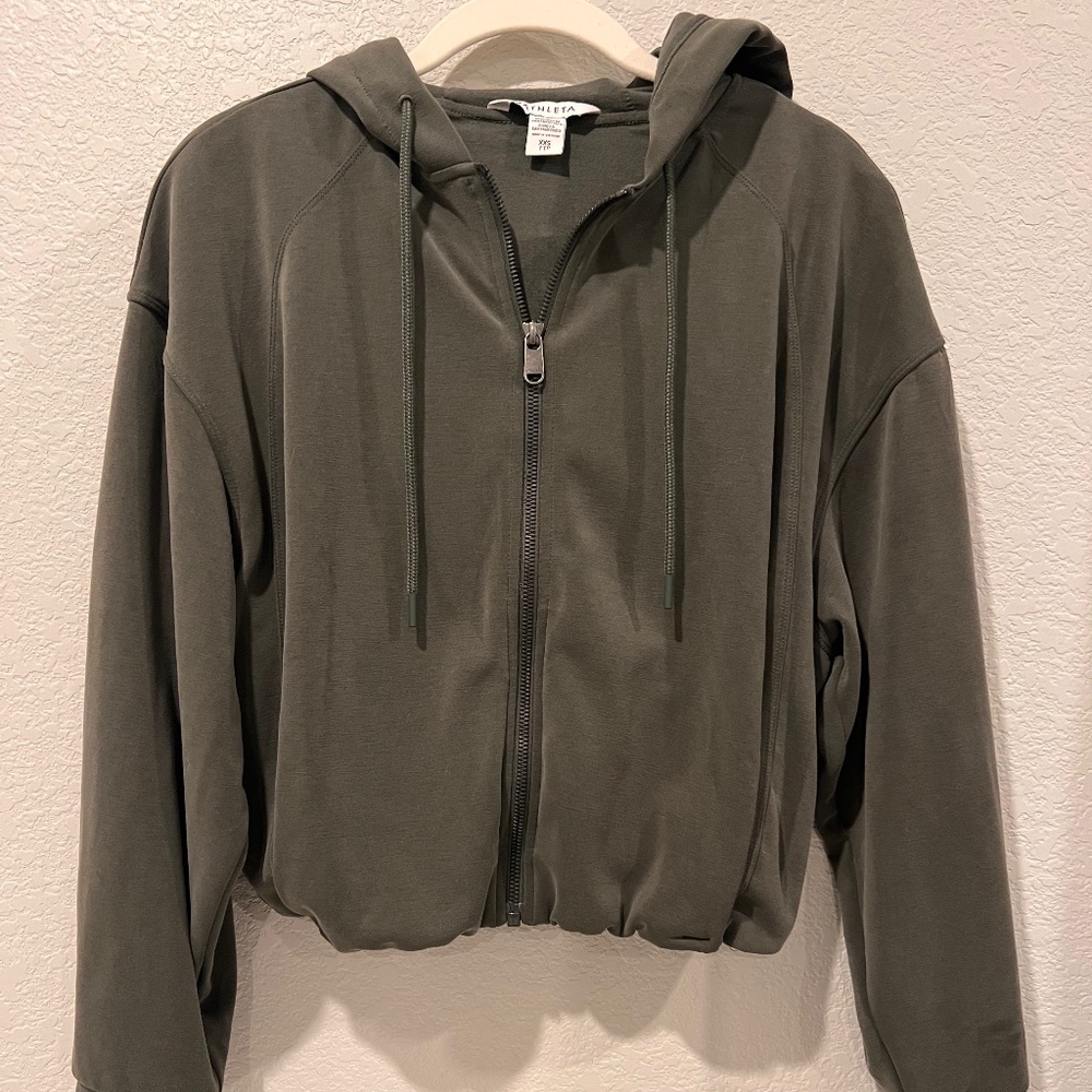 Athleta Seasoft Olive Green Bubble Hem Full-Zip Hoodie